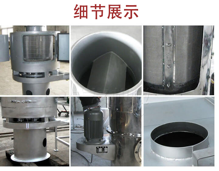 氣流篩主要結構展示：篩網，底座，電機，進料口展示。