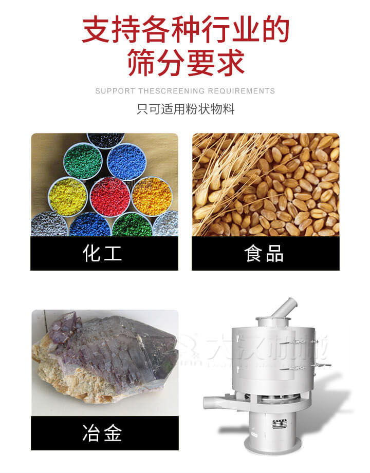 氣流篩用于礦粉，石墨粉，活性納米碳酸鈣，鋁灰，大豆粉，碳酸重鈣，石墨粉，木粉，干草，重金石粉，藥粉末，橡膠顆粒，草酸鹽，干料粉，木粉，聚酯粉，干粉，塑料，金屬粉末，橡膠粉，粉煤灰，石墨粉，陶瓷粉，鋅粉，石英粉，石灰粉，鐵粉，金屬硅粉等。